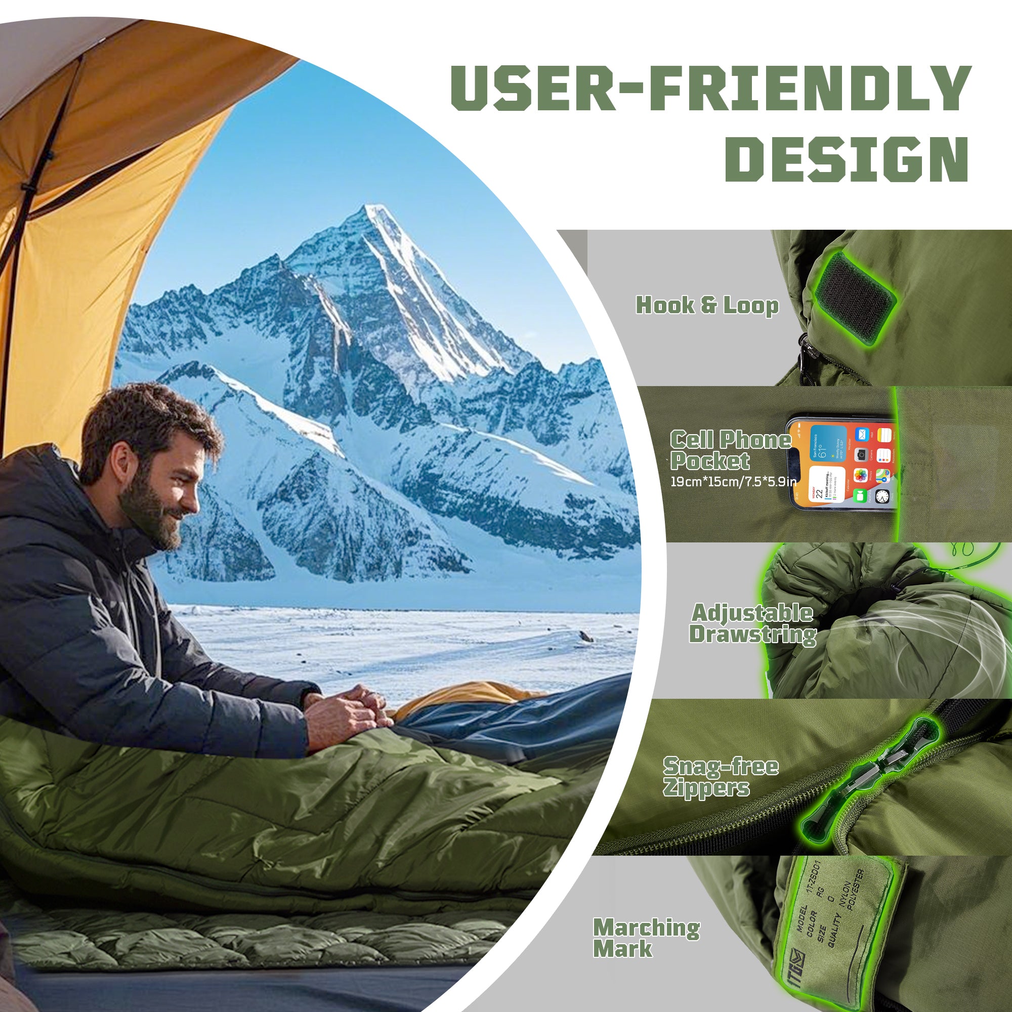1TG Ultralight Camping Warm Cold Weather Sleeping Bag, 34-43℉ All Season